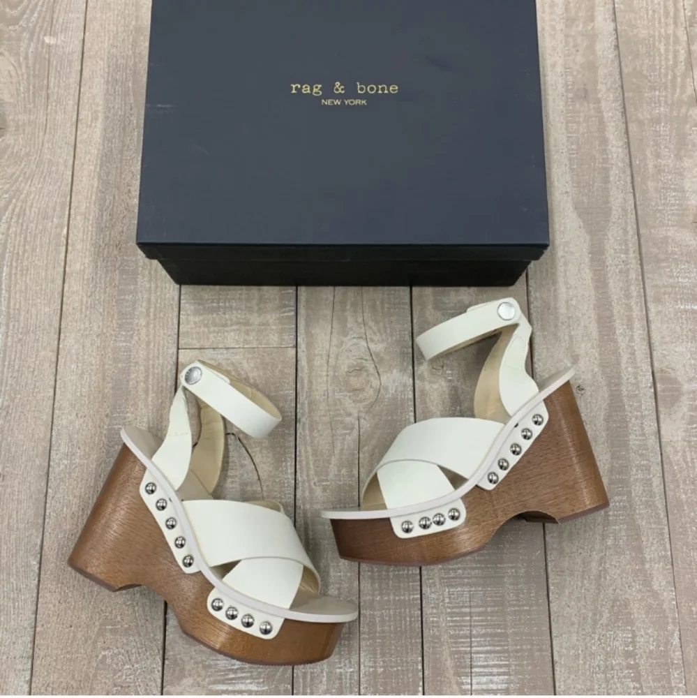 NIB Rag & Bone Hester White Leather & Wood Studded Platform Wedge Sandals Sz 9